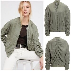Free People Olive Green Linen Ruched Bomber Jacket